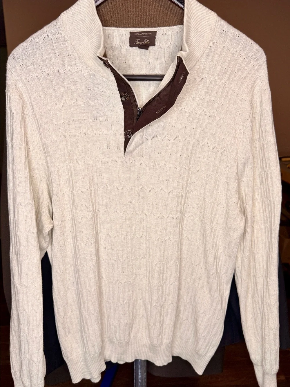 Tasso Elba Men’s Supima Cotton Cableknit Sweater - Cream with Brown Accents XL